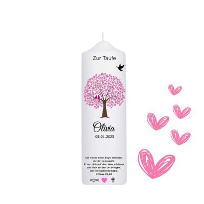 Die personalisierte Taufkerze Lebensbaum für Mädchen und Jungen besticht durch ihr modernes, verspieltes und zugleich äs