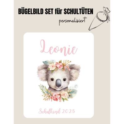 Set für Schultüte: Bügelbild Wild Animals Koala  Mädchen *personalisiert Wunschname