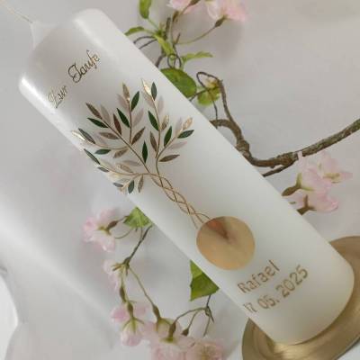 Taufkerze Mädchen Jungen Lebensbaum gold grün Baum des Lebens Name Datum Spruch individualisierbar 25x7 cm