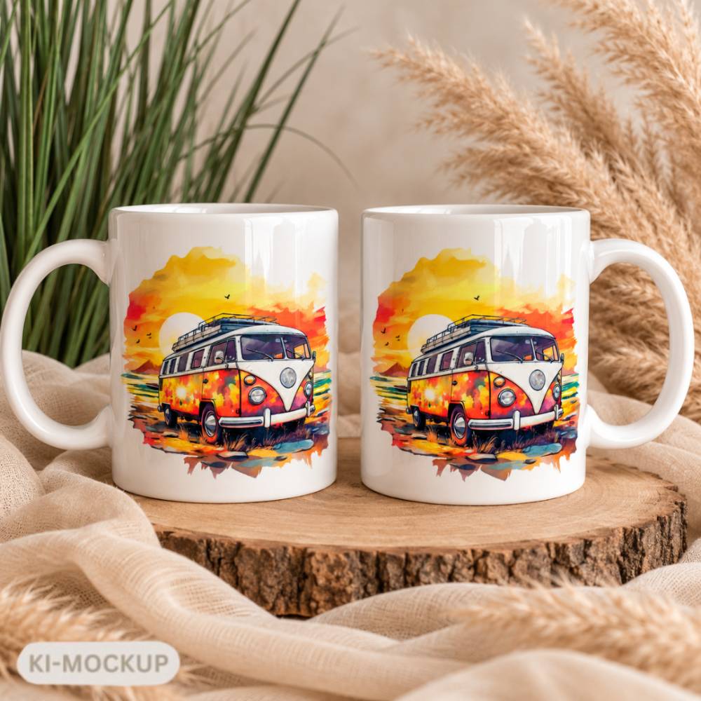 Camper Tasse mit Retro Bus & Sonnenuntergang | Camping Kaffeetasse