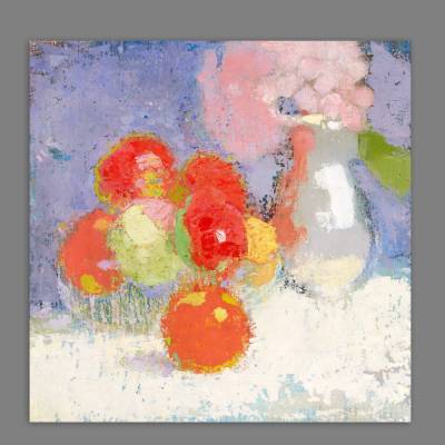 Vintage Wandbild: Rote Äpfel & Blumenstrauß – Abstraktes Stillleben auf Leinwand, Ölgemälde Reproduktion