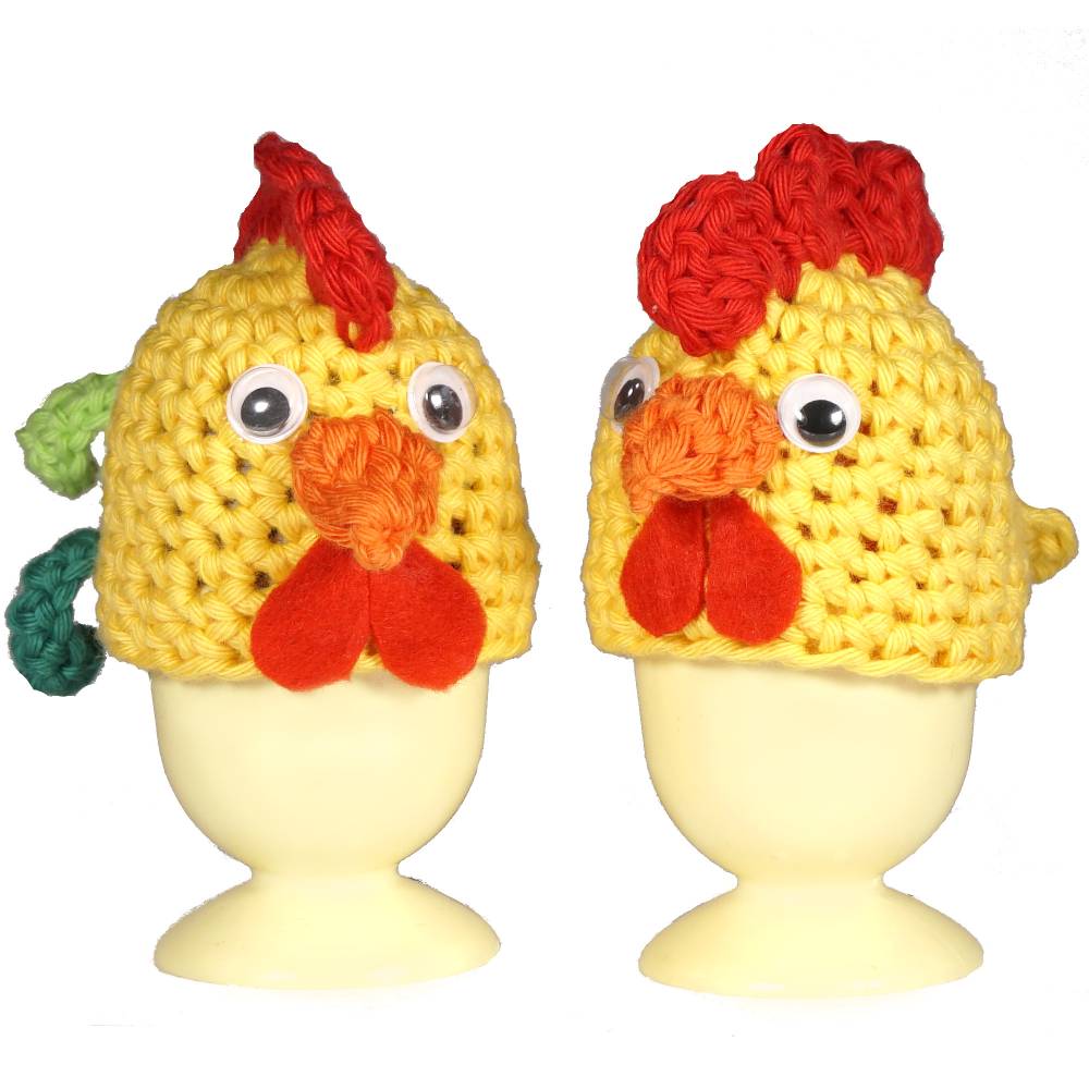 Eierwärmer 2er Set Huhn & Hahn – Handgemachte Eierhüte aus Baumwolle als fröhliche Tischdeko