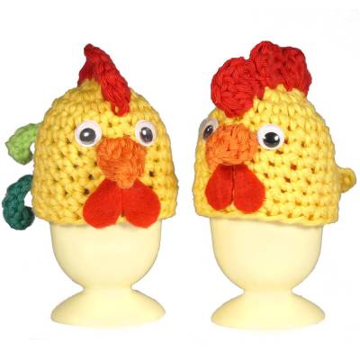 Eierwärmer 2er Set Huhn & Hahn – Handgemachte Eierhüte aus Baumwolle als fröhliche Tischdeko
