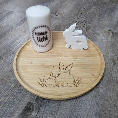 Osterdeko * Holzteller graviert * Stumpenkerze beschriftet * Osterhase gegossen
