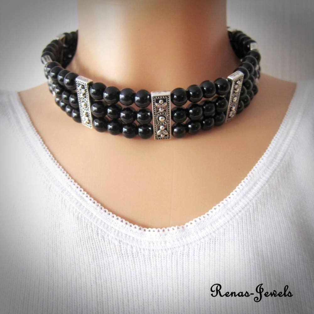 Dreireihige Choker Kette schwarz silberfarben mit Glaswachsperlen und  Ornamenten  Kropfkette Halsband 39 cm + 8 cm Verlngerung