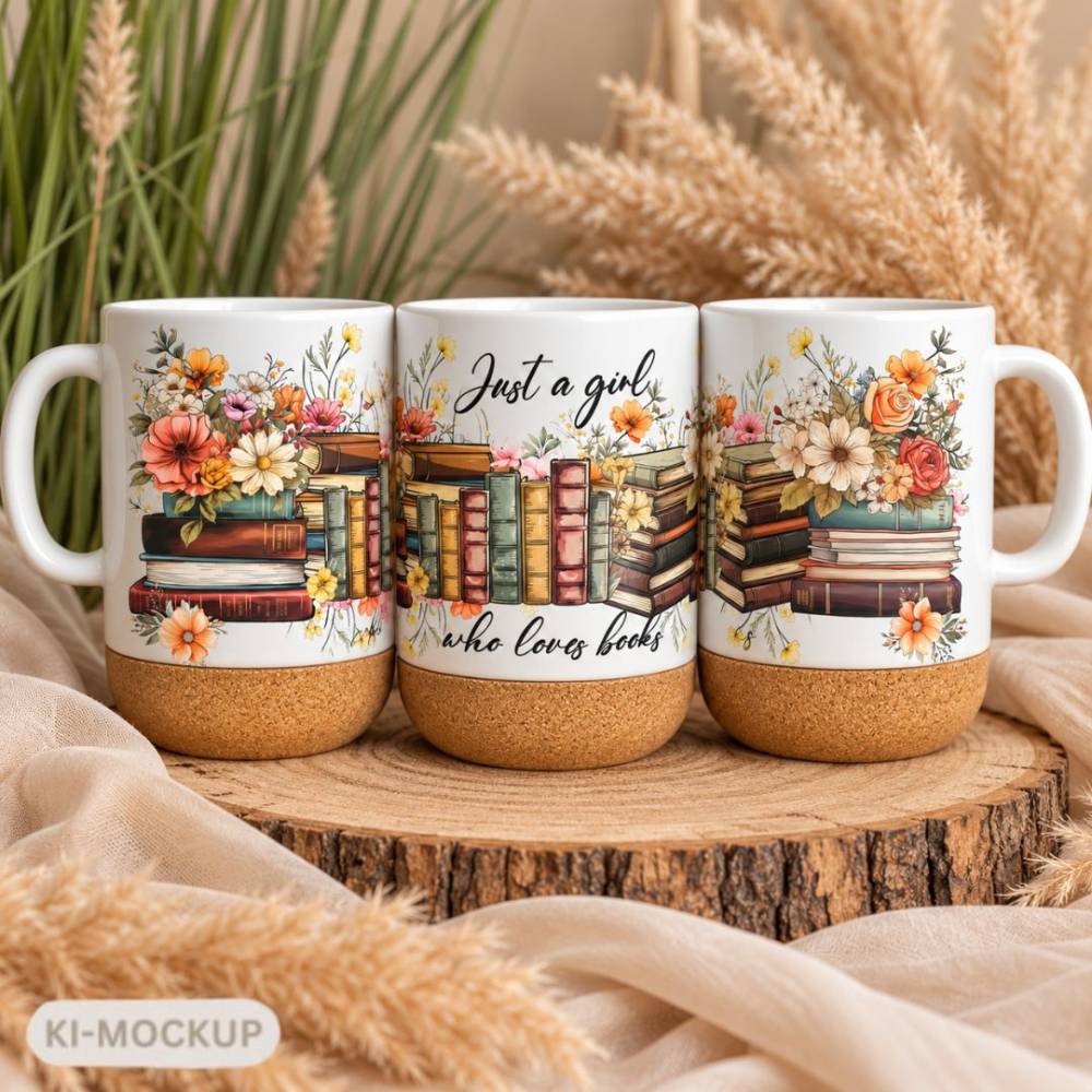 Tasse mit Korkboden Bücher & Blumen | Just a Girl Who Loves Books | Tasse für Leseratten