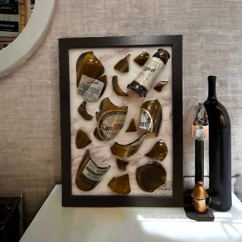 San Miguel Bier Wandbild • Epoxidharz & Broken Glass Upcycling Kunst