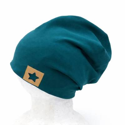Beanie Mütze petrol mit Sternpatch für Kinder und Erwachsene, Slouchy Beanie Baumwolljersey unisex, Übergangsmütze