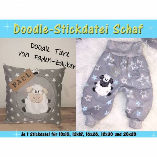 Doodle-Motiv Schaf - Stickdatei-Set für den 10x10cm bis 20x30cm Rahmen