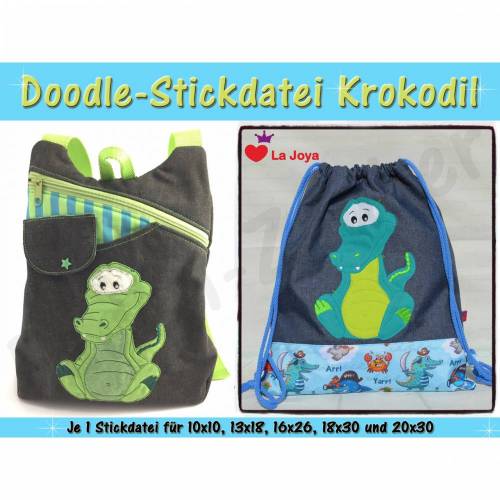 Doodle-Motiv Krokodil - Stickdatei-Set für den 10x10cm bis 20x30cm Rahmen