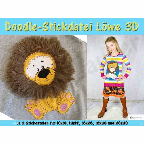 Doodle-Motiv Löwe 3D - Stickdatei-Set für den 10x10cm bis 20x30cm Rahmen