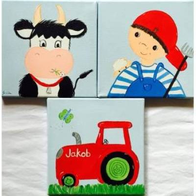 Dreiteiliges Bild "kleiner Bauer"  Traktor, Kuh  fürs Kinderzimmer Wandbild Tiere