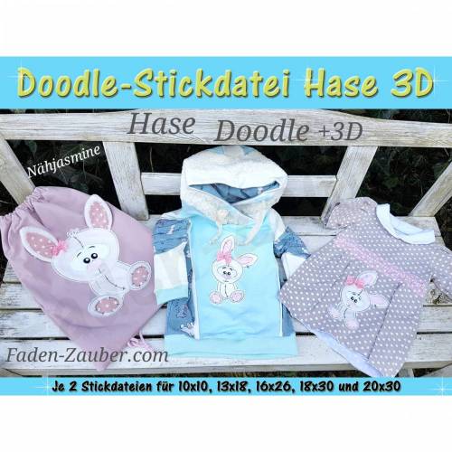 Doodle-Motiv Hase 3D - Stickdatei-Set für den 10x10cm bis 20x30cm Rahmen