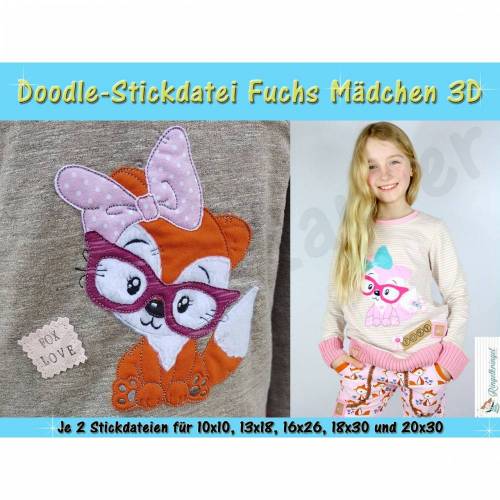 Doodle-Motiv Fuchs Mädchen 3D - Stickdatei-Set für den 10x10cm bis 20x30cm Rahmen