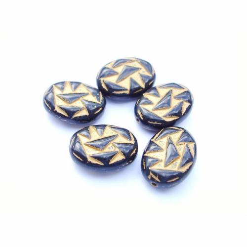 4 Glasperlen oval schwarze Dreiecke goldwash 17 mm