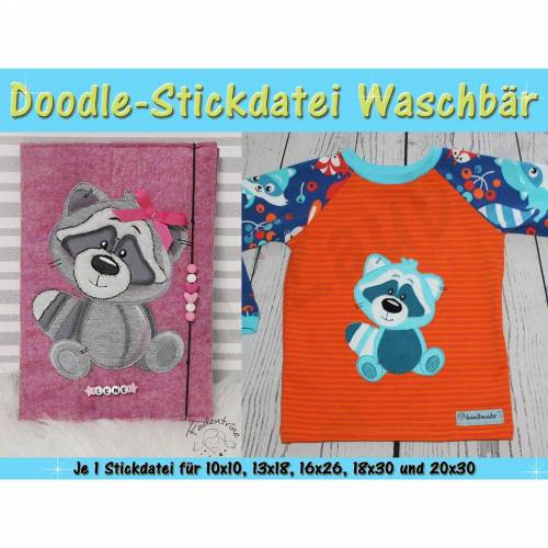 Doodle-Motiv Waschbär - Stickdatei-Set für den 10x10cm bis 20x30cm Rahmen