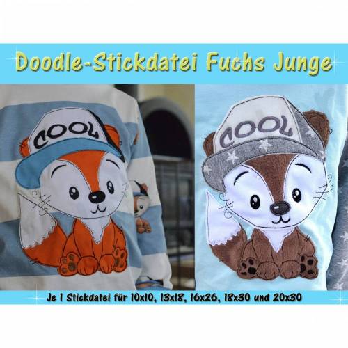 Doodle-Motiv Fuchs Junge - Stickdatei-Set für den 10x10cm bis 20x30cm Rahmen