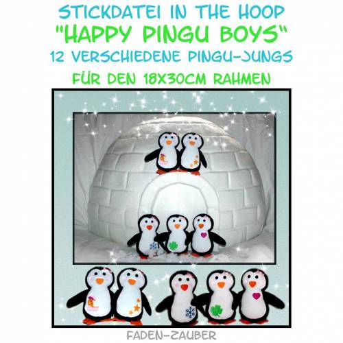 Happy Pingu Boys in the hoop 18x30 Rahmen Größe XL
