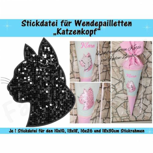 Wendepailletten-Applikation Katzenkopf - Stickdatei-Set für den 10x10cm bis 18x30cm Rahmen