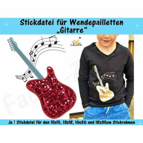 Wendepailletten-Applikation Gitarre - Stickdatei-Set für den 10x10cm bis 18x30cm Rahmen
