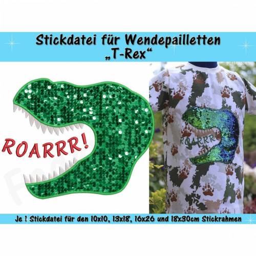 Wendepailletten-Applikation T-Rex - Stickdatei-Set für den 10x10cm bis 18x30cm Rahmen