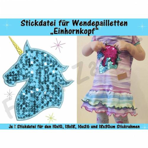 Wendepailletten-Applikation Einhornkopf - Stickdatei-Set für den 10x10cm bis 18x30cm Rahmen