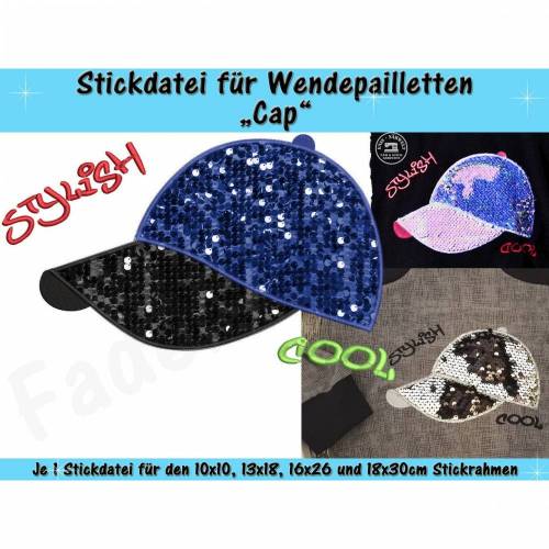Wendepailletten-Applikation Cap - Stickdatei-Set für den 10x10cm bis 18x30cm Rahmen