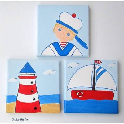Dreiteiliges Bild "kleiner Matrose" Maritim Kinderzimmer Wandbild
