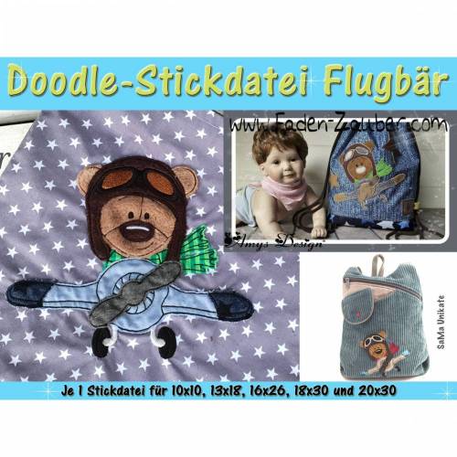 Doodle-Motiv Flugbär - Stickdatei-Set für den 10x10cm bis 20x30cm Rahmen