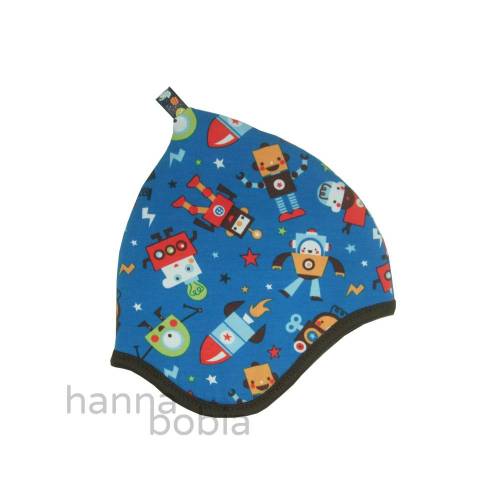 Wendezipfelmütze (Fleece), Kopfumfang 48-50 cm, Roboter auf blau