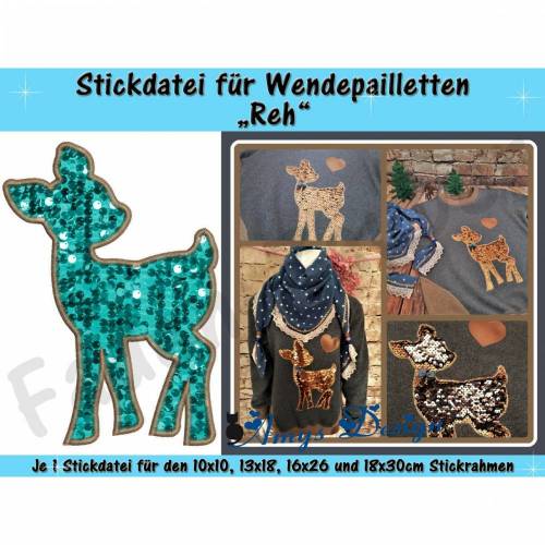 Wendepailletten-Applikation Reh - Stickdatei-Set für den 10x10cm bis 18x30cm Rahmen