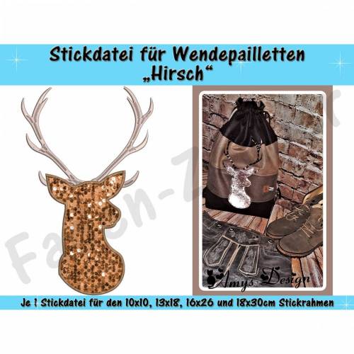Wendepailletten-Applikation Hirsch - Stickdatei-Set für den 10x10cm bis 18x30cm Rahmen