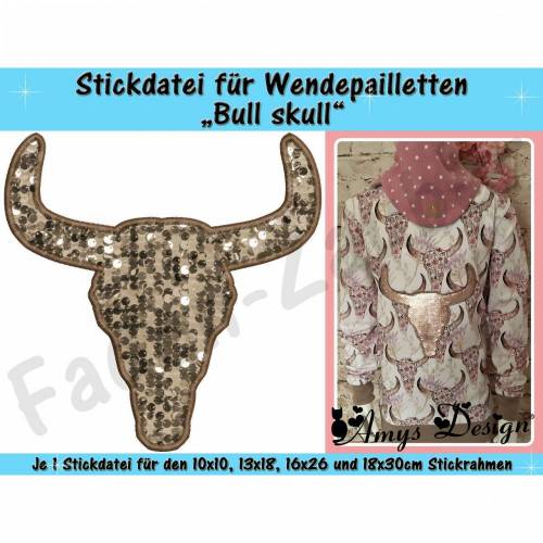 Wendepailletten-Applikation Bull skull - Stickdatei-Set für den 10x10cm bis 18x30cm Rahmen
