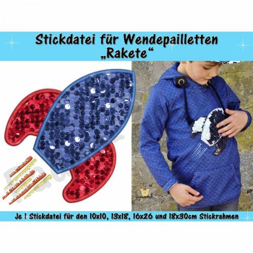 Wendepailletten-Applikation Rakete - Stickdatei-Set für den 10x10cm bis 18x30cm Rahmen