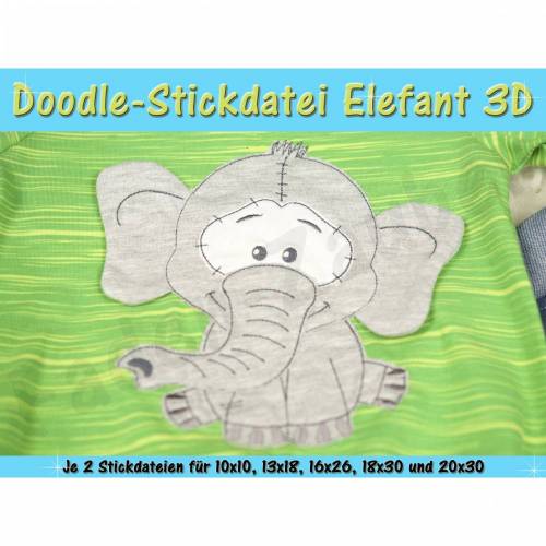 Doodle-Motiv Elefant 3D - Stickdatei-Set für den 10x10cm bis 20x30cm Rahmen