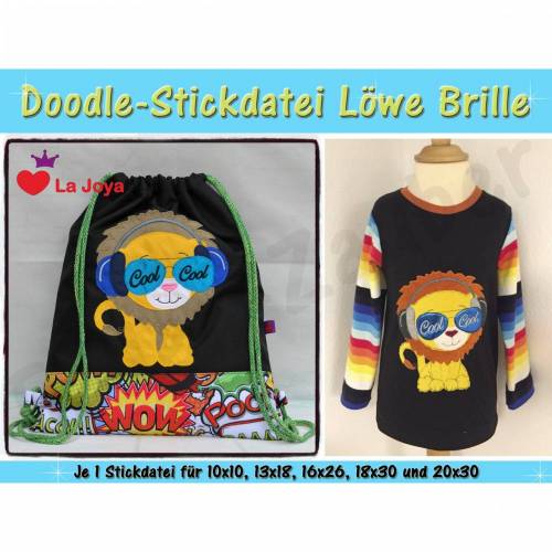 Doodle-Motiv Löwe Brille - Stickdatei-Set für den 10x10cm bis 20x30cm Rahmen