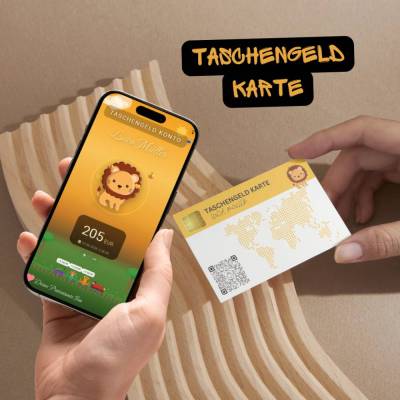 Spardose personalisiert Kind – Taschengeld Karte mit QR-Code und NFC Option | Löwe