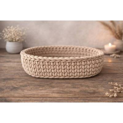 Gehäkelter Korb aus Bobbiny Garn ,Ovaler Korb mit Holzboden– dekorativer Aufbewahrungskorb