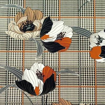 Viskosestoff Blumen & Glencheck Muster in Beige, Schwarz, Orangebraun und Weiß für Blusen, Kleider und Röcke