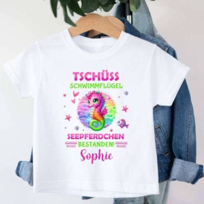 T Shirt Seepferdchen mit Namen personalisiert Abzeichen Seepferdchen bestanden Geschenk Schwimmen