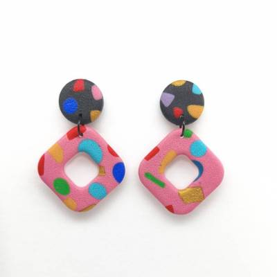 Bunte  Große Ohrstecker, Ohrringe Aus Fimo  Handgemachte Abstrakte Ohrstecker Rosa Schwarz Matte Ohrringe für sie