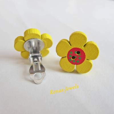 Holzohrclips Blume gelb rot – Handgefertigte Holz Ohrringe Clip von Renas-Jewels