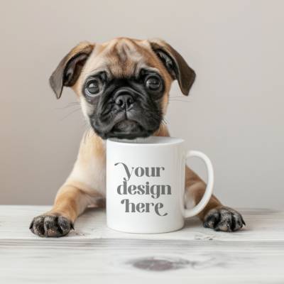 Vorlage | Mockup Tasse | weiße Keramiktasse | Hund Mops | Designvorlage Tasse 