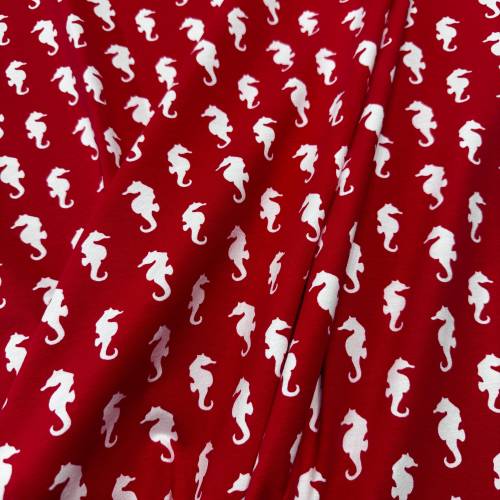 Baumwolle Stretch Jersey in Rot mit weißen Seepferdchen für sommerliche Shirts, Kleider, Röcke, Kinderkleidung
