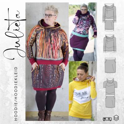 Ebook PDF Schnittmuster Damen  Hoodie/Hoodiekleid JULIETA 34-52 + Kragen Add on, Beamerdatei, Großformat und A4 in