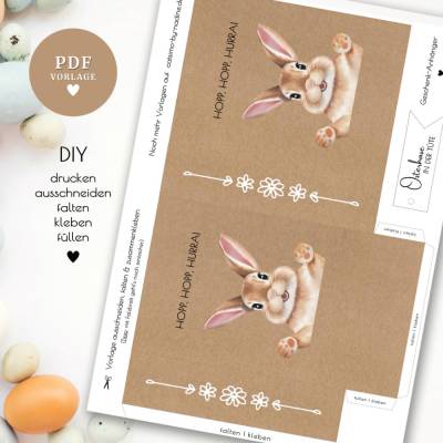 Geschenktüte mit Geschenkanhänger PDF Datei A4 "Osterhase in der Tüte" | Druckvorlage
