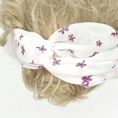 Haarband aus Bio-Musselin mit lila Streublumen – zum Binden, weiß