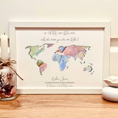 Geldgeschenk zur Jugendweihe personalisiert | Geschenk Bilderrahmen mit Weltkarte | für junge Entdecker