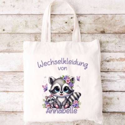 Wechselkleidung Tasche Waschbär Mädchen mit Namen Beutel Ersatzkleidung Kita Kindergarten Wechselwäsche Tu