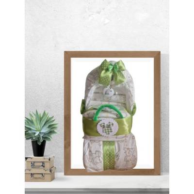 Windeltorte Kinderwagen grün neutral personalisiert mit Schnuller – Handmade Geschenk zur Geburt